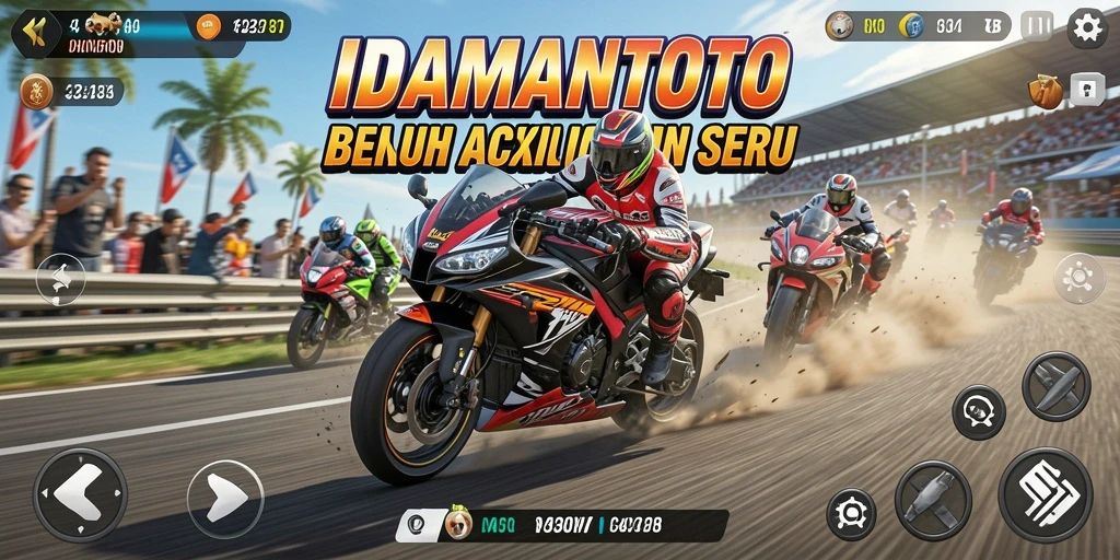 Tampilan gameplay seru dalam IDAMANTOTO dengan balapan motor.